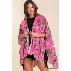 NWT UMGEE Open Kimono M/L Hot Pink Batwing Floral Tropical Swim Cover-Up‎ Satin